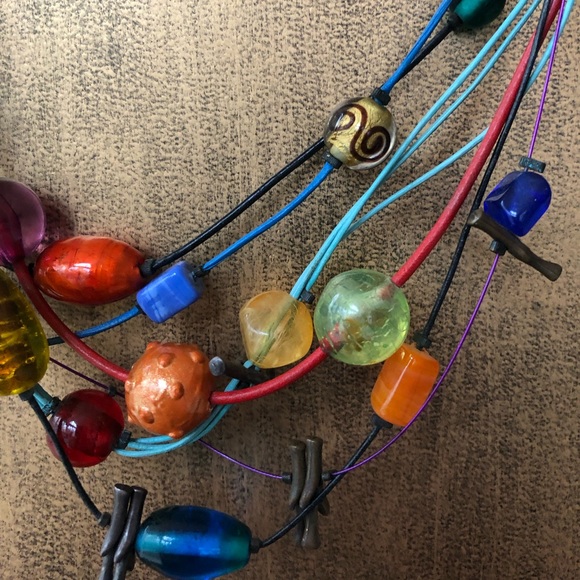 Multicolored beads and multicolored cords on this fun necklace, 17” long - Picture 3 of 9